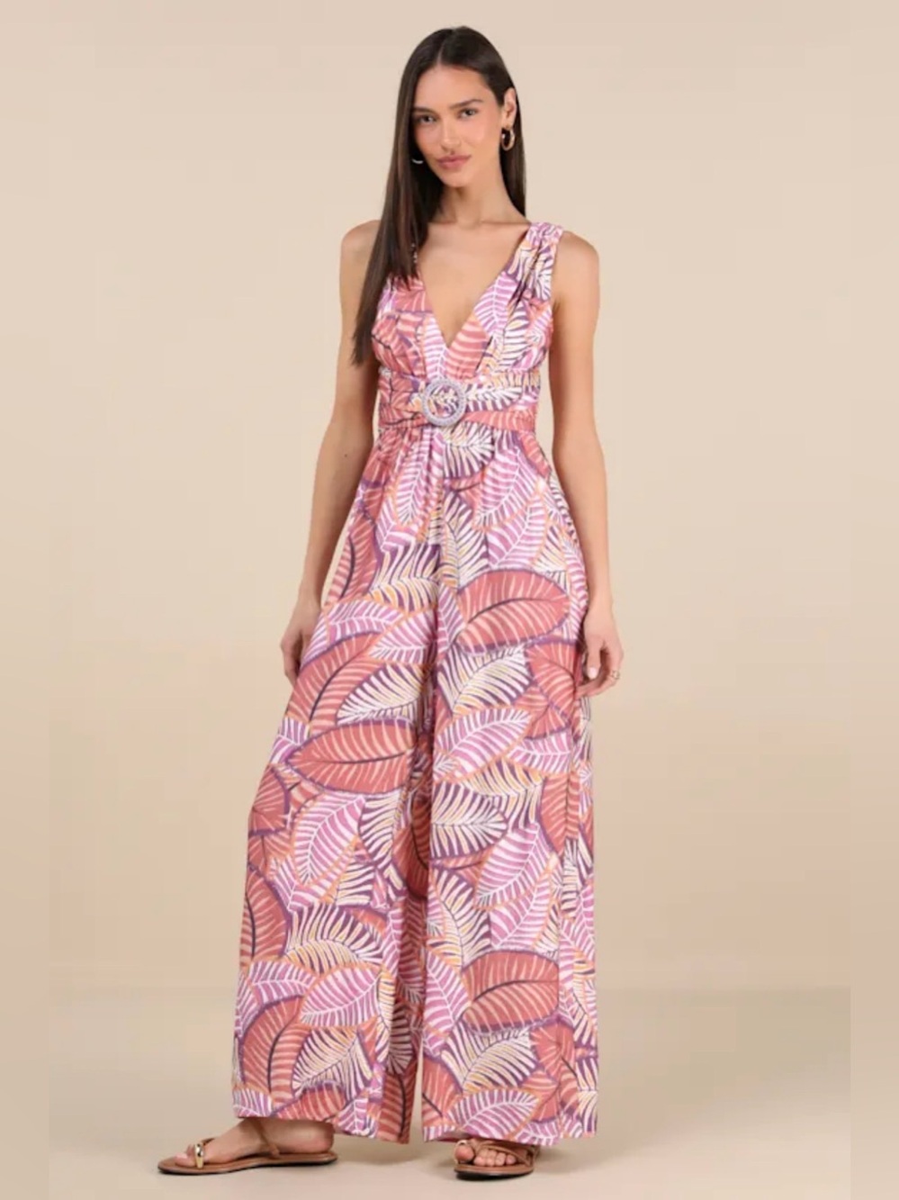 Lulus Emlyn Rose Pink Leaf Print O-Ring Wide Leg Jumpsuit Size XL